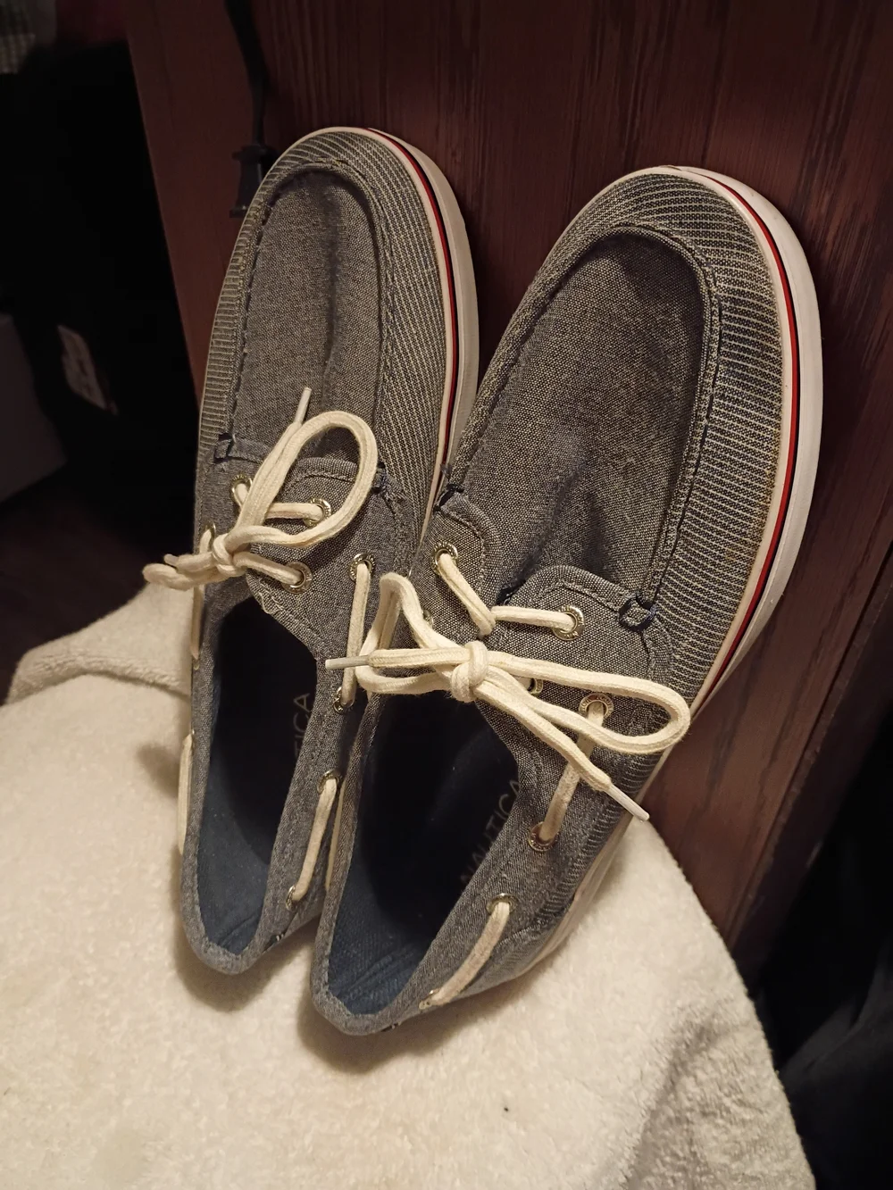 Nautica Gray Canvas Slip-On Boat Shoes with Cream Laces and Red Accent